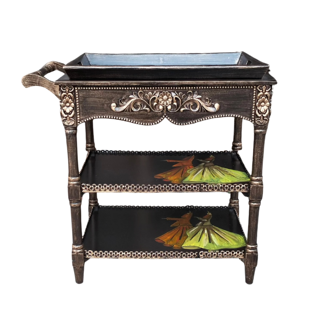 Dervish Three Tiered Trolley - Removable Tray Top & Drawer