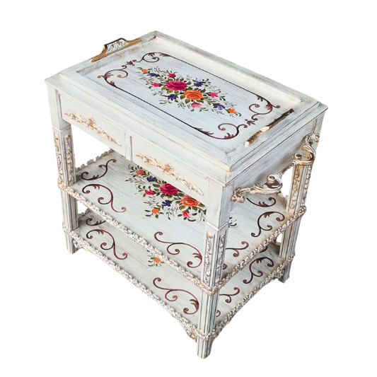 Floral Tranquility Trolley - Removable Tray Top &  Two Drawers