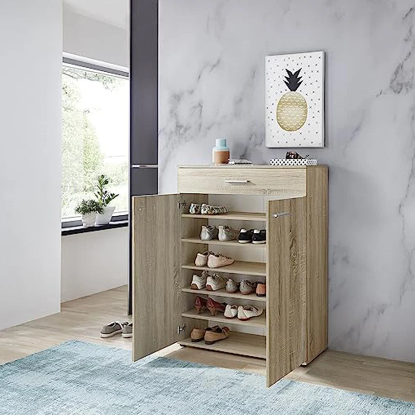 Zenith Shoe Rack in beige with 6 shelves, 2 doors, and a top drawer.