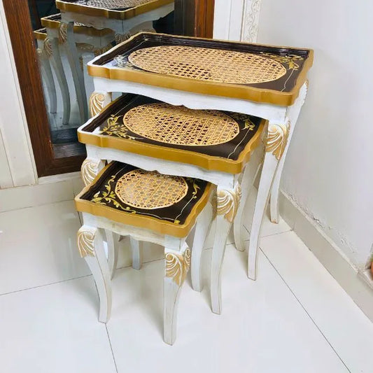 Elegant black and gold cane wooden nesting table set, handcrafted with Kikar wood and MDF board for a luxurious home interior