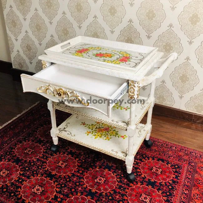 Flower Burst Trolley hand-painted wooden cart featuring a removable tray and drawer.