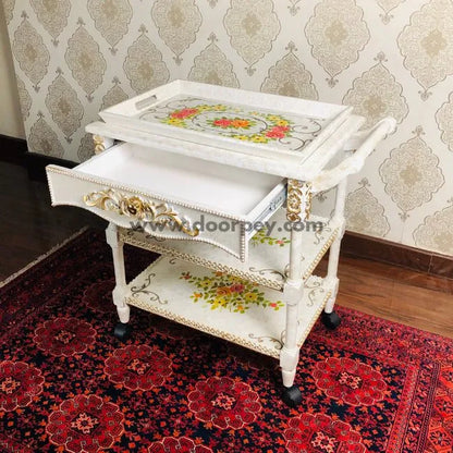 Flower Burst Trolley hand-painted wooden cart featuring a removable tray and drawer.