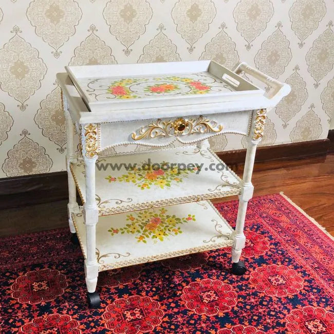 Side view of Flower Burst Trolley with removable tray top and a spacious drawer.