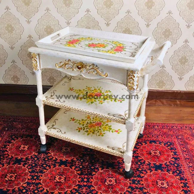 Front view of Flower Burst Trolley showcasing hand-painted floral designs and sturdy construction.