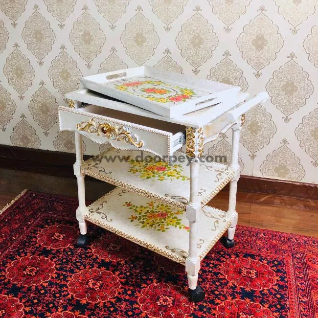 Flower Burst Trolley wooden serving cart with removable tray top and spacious drawer