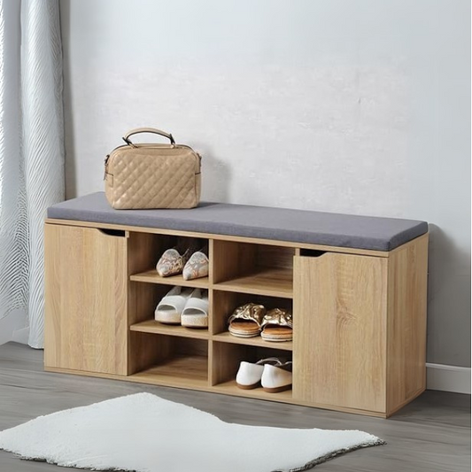 Horizon Shelf Shoe Rack with two cabinet doors, open shelves, and bench functionality.