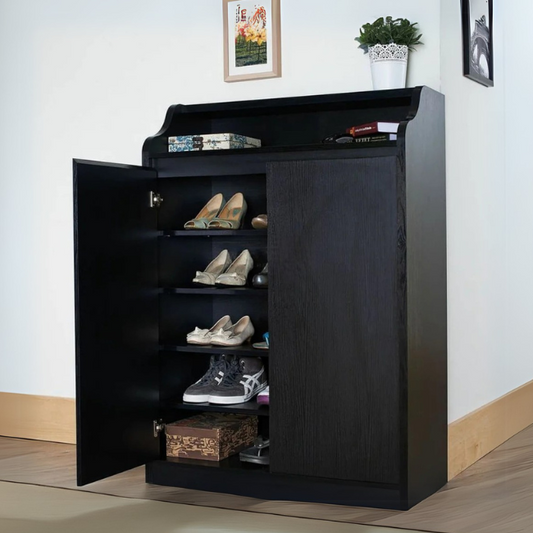 Loft Shoe Rack featuring two doors with hinges and durable construction.