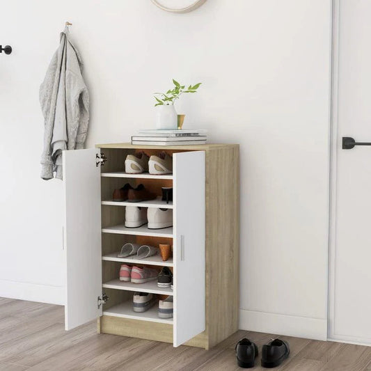 Mod Step Shoe Organizer with 6 shelves and 2 hinged doors in white and camel.