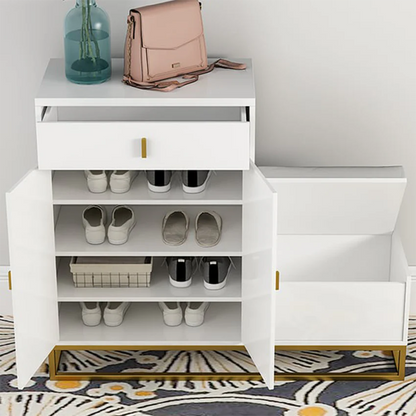 Modern Pure Form Shoe Rack with 2 hinged doors, a drawer, and 4 shelves.