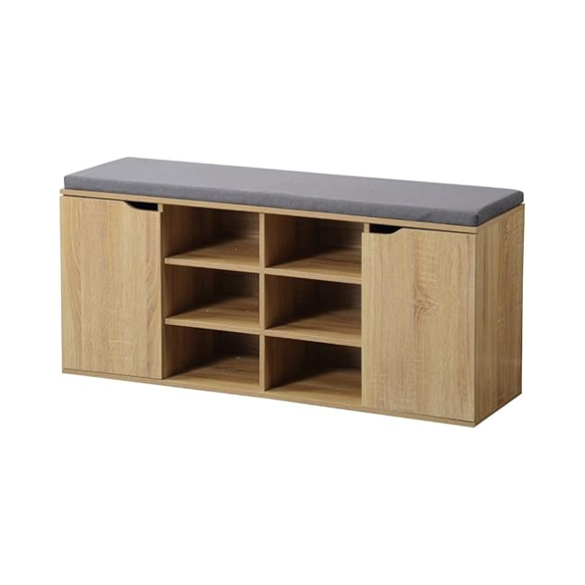 Multi-section Horizon Shelf Shoe Rack with open shelves and cabinet doors.