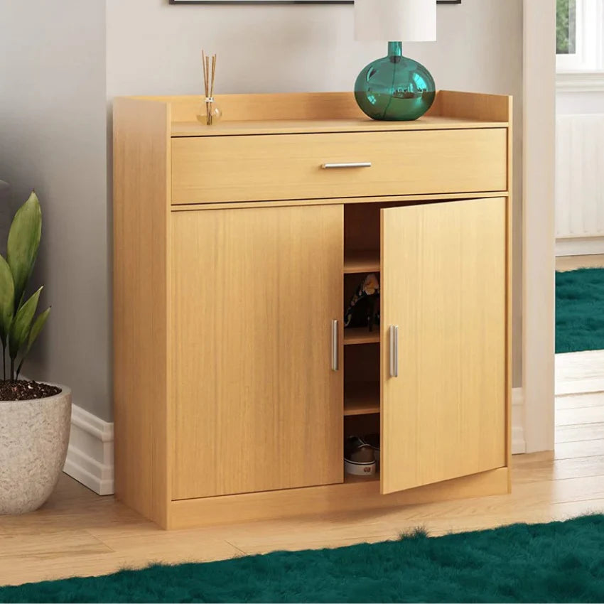 Neat Line Shoe Rack with a top drawer, two hinged doors, and multiple shelves