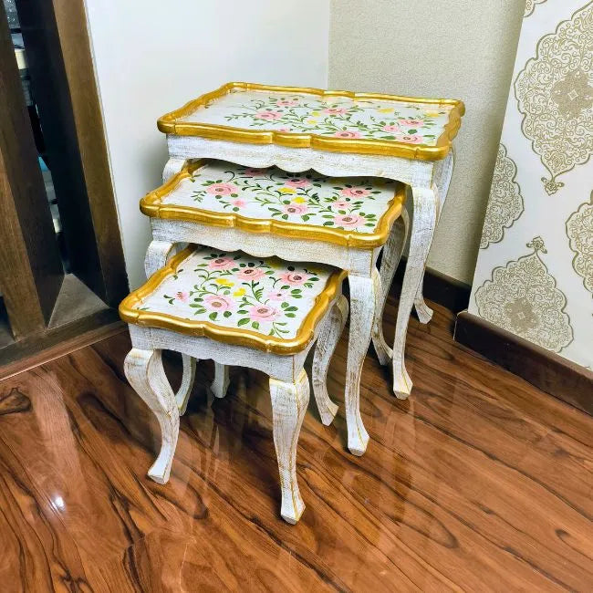 Pink Rose wooden nesting table set with hand-painted floral patterns, crafted from Kikar wood and MDF for a charming and elegant home accent