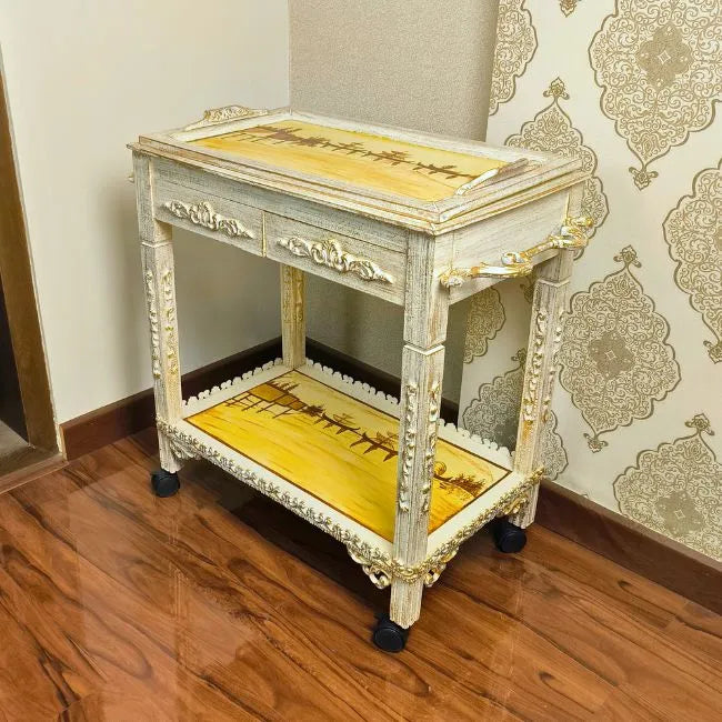 Multi-purpose wooden serving trolley for dining, serving, and decor with sturdy design.