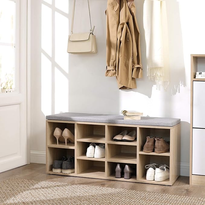 Simpli Store Shoe Rack with 10 sections and bench functionality.