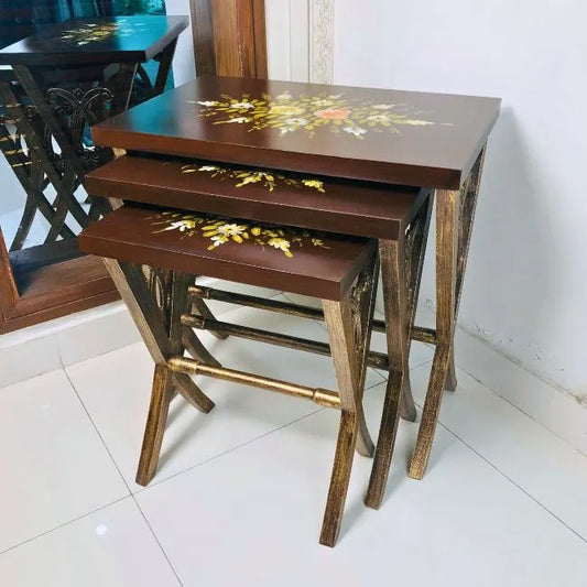 Woodland Wonders wooden nesting table set with hand-painted floral design, crafted from Kikar wood and MDF for a timeless and elegant home accent