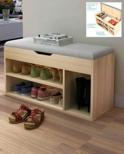 Compact shoe storage bench with comfortable seat and hidden storage.